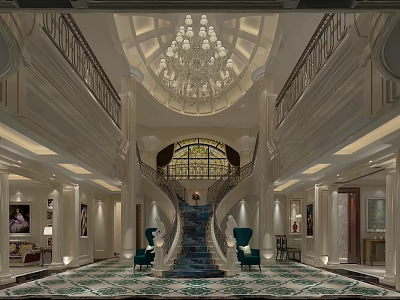 Luxurious Hotel Lobby With Grand Chandelier Double Staircase Arched Window And Decorative Carpet 3d model
