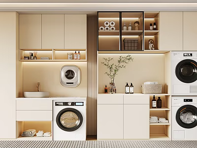 Modern Bathroom Cabinetry with Dual Washing Machines Sink Open Shelves and Storage Units 3d model