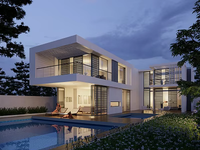 Modern Detached Villa With Swimming Pool Greenery And Floor To Ceiling Windows 3d model