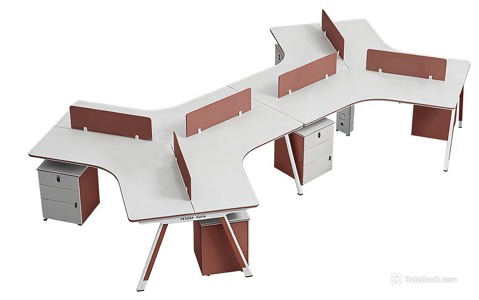 Modern Curved Office Desk With Brown Partitions White Top And Drawer Cabinets 3d model 
