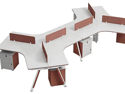 Modern Curved Office Desk With Brown Partitions White Top And Drawer Cabinets 3d model