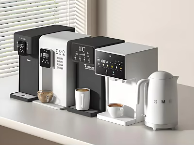 Modern Automatic Water Dispensers in Black and White with Coffee Cups and Blinds in Kitchen 3d model