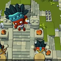 Cartoon Scene With Orange Character Blue Headdress On Stone Steps Green Grass And Burning Torches