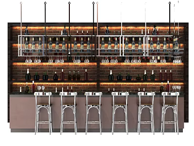 Stylish Bar Interior With Brick Wall Wine Bottles Glasses And Bar Stools 3d model