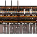 Stylish Bar Interior With Brick Wall Wine Bottles Glasses And Bar Stools 3d model