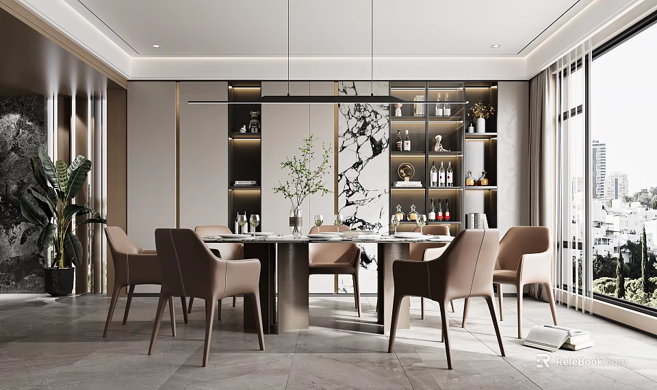 Modern Elegant Restaurant With Dining Table Beige Chairs Pendant Lights Wine Cabinet And Green Plant 3d model 