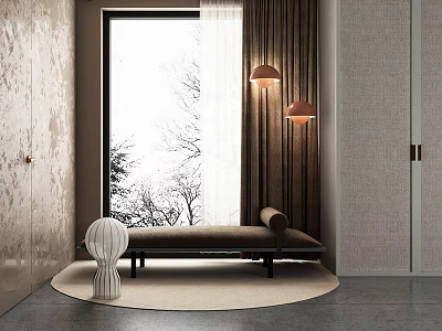 Modern Interior Featuring Stylish Sofa Bench Near Large Window With Curtains Lamps And Neutral Rug 3d model