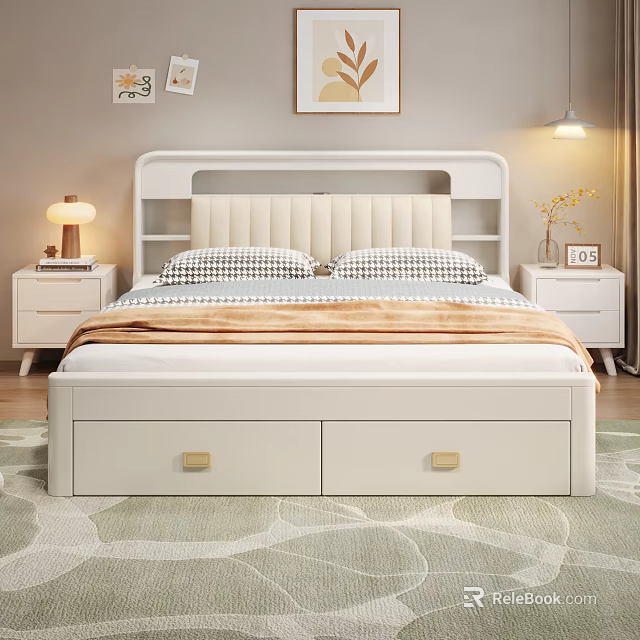 Cozy Bedroom Interior With Upholstered Headboard Storage Drawers White Nightstands Table Lamp Wall Art Rug 3d model 