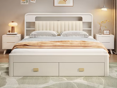 Cozy Bedroom Interior With Upholstered Headboard Storage Drawers White Nightstands Table Lamp Wall Art Rug 3d model