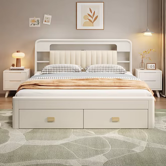 Nordic Bedroom Double Bed White Oil Bed 3d model
