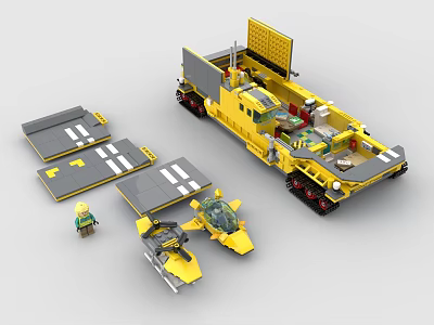 Yellow Building Block Truck with Open Cargo Compartment Small Airplane Platforms and Mini Figure 3d model