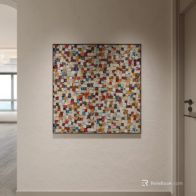 Vibrant Abstract Painting With Colorful Geometric Squares Hanging On White Wall In Modern Interior 3d model 