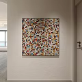Vibrant Abstract Painting With Colorful Geometric Squares Hanging On White Wall In Modern Interior
