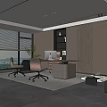 Modern Office Interior Design With Large Windows Desk Chairs Bookshelves And Sofa