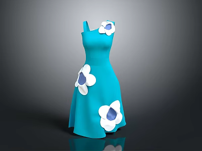 Elegant Stylish Turquoise Blue Dress With White And Blue Floral Embellishments 3d model