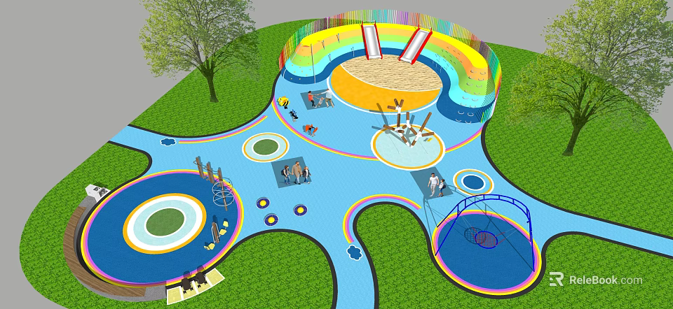 Colorful Children's Playground Design With Slides Sandpit Climbing Frames And Green Grass 3d model 