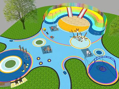 Colorful Children's Playground Design With Slides Sandpit Climbing Frames And Green Grass 3d model
