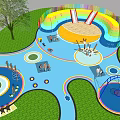Colorful Children's Playground Design With Slides Sandpit Climbing Frames And Green Grass