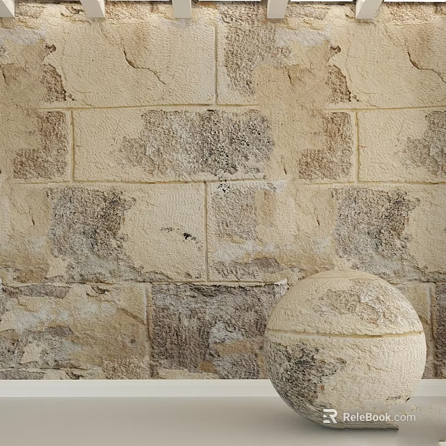 Circular Textured Stone Structure With Carved Details Against Brick Wall Background 3d model 