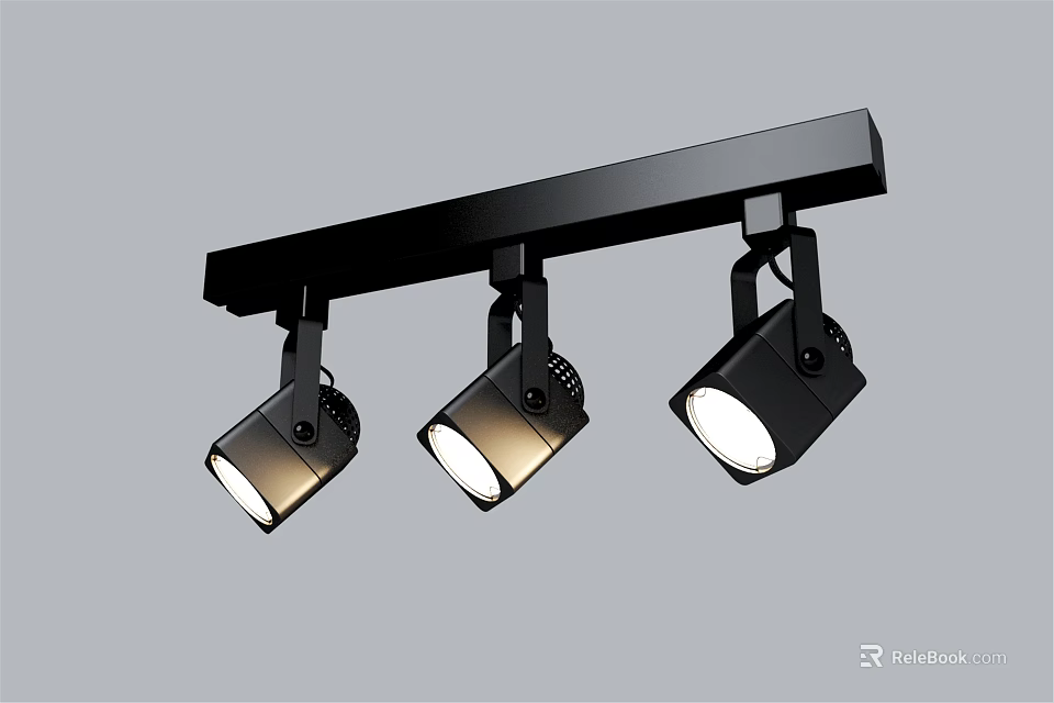 Black Track Mounted Three Headed Downlights And Spotlights For Indoor Use 3d model