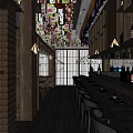 Japanese Restaurant Interior With Wooden Bar Counter Dining Tables Hanging Lanterns And Wall Art