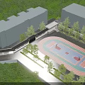 Modern School Building Exterior With Standard Sports Field And Lush Green Surrounding Landscape