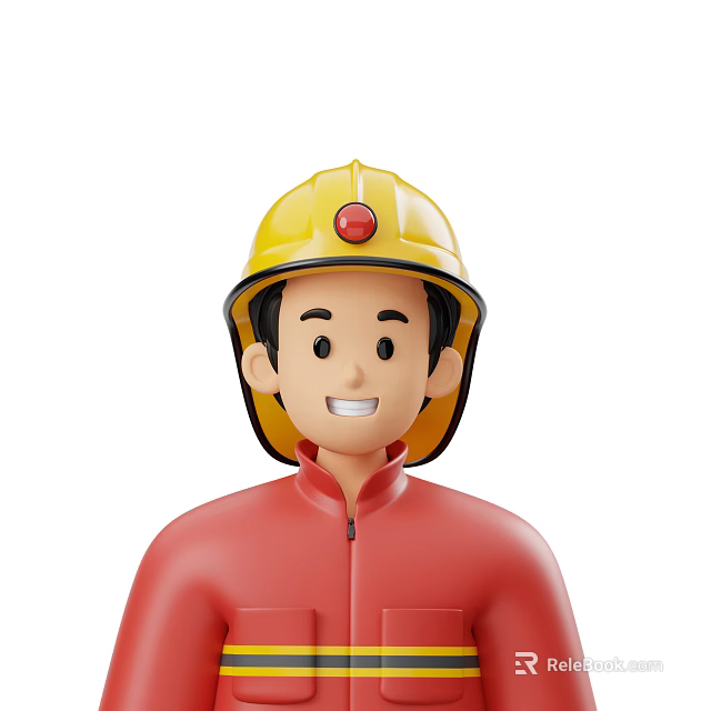Portrait of Smiling Man in Red Firefighter Uniform Wearing Yellow Helmet 3d model 