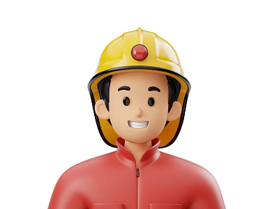 Portrait of Smiling Man in Red Firefighter Uniform Wearing Yellow Helmet 3d model