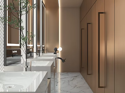 Elegant Modern Public Restroom Interior With Marble Vanity Mirrors And Lighting 3d model