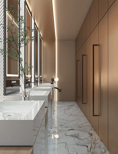 Elegant Modern Public Restroom Interior With Marble Vanity Mirrors And Lighting 3d model
