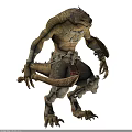 Lizard Warrior Creature with Yellowish Skin Patterns Holding Large Sword and Bone Decorated Gear 3d model