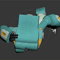 Teal Colored Robot With Head Device In Standing Pose On Reflective Surface