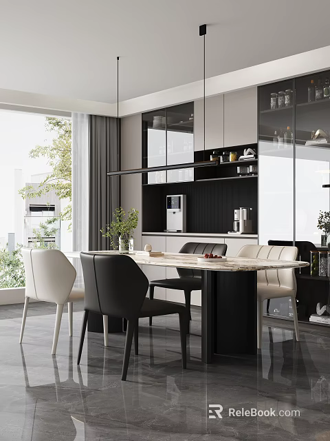 Modern Restaurant Dining Interior With Marble Table Black White Chairs Open Kitchen And Green Plants 3d model 