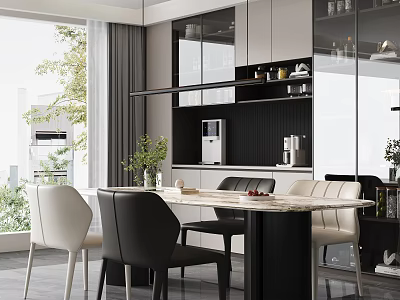 Modern Restaurant Dining Interior With Marble Table Black White Chairs Open Kitchen And Green Plants 3d model