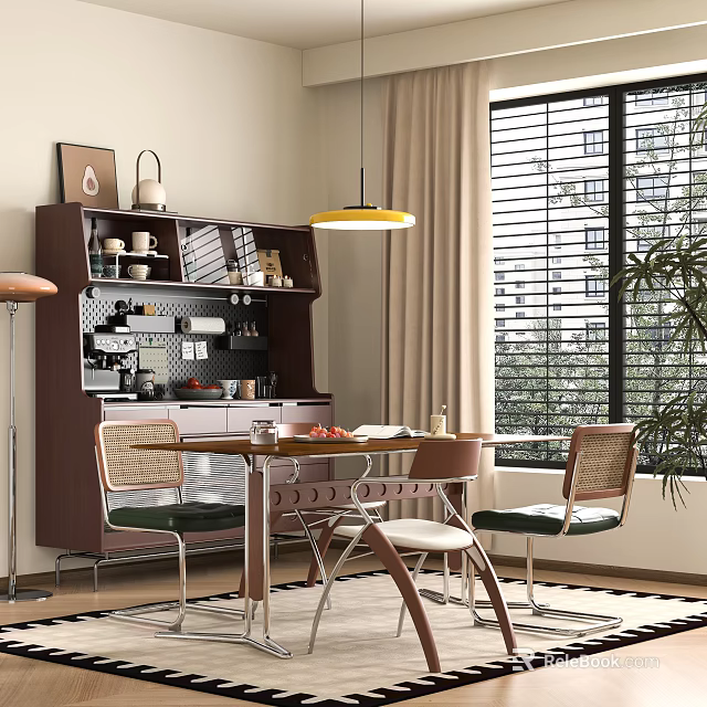 Modern Dining Room Interior With Wooden Table Chairs Sideboard Pendant Light Window Blinds And Plant 3d model 