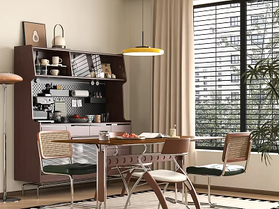 Modern Dining Room Interior With Wooden Table Chairs Sideboard Pendant Light Window Blinds And Plant 3d model