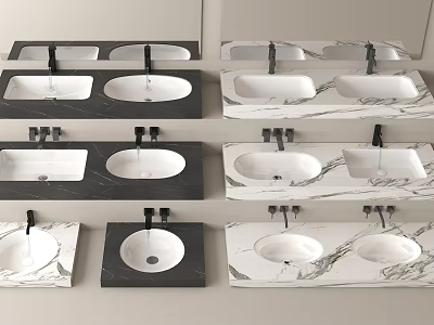 Modern Double Basin Washbasins With Black And White Marble Countertops And Faucets Design 3d model