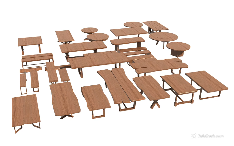Wooden dining tables with various shapes different sizes and bench designs display styles 3d model
