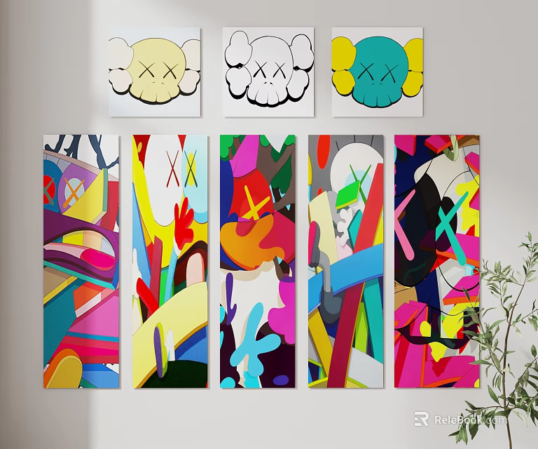 Colorful Abstract And Skull Artworks With Vibrant Patterns Displayed On Wall 3d model 