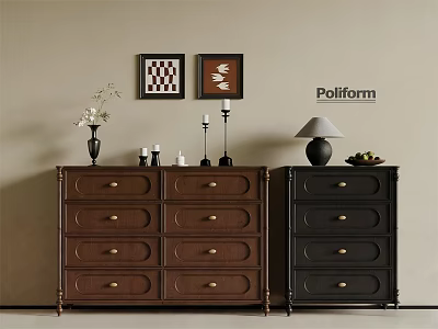 Brown And Black Wooden Entryway Side Cabinets With Drawers Vase Candles Lamp And Wall Art 3d model