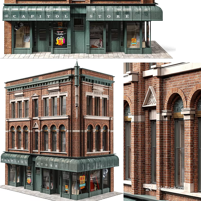 Vintage Red Brick Commercial Complex With Multiple Windows And Green Awning 3d model 