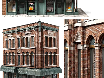 Vintage Red Brick Commercial Complex With Multiple Windows And Green Awning 3d model