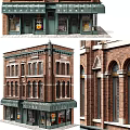 Vintage Red Brick Commercial Complex With Multiple Windows And Green Awning 3d model