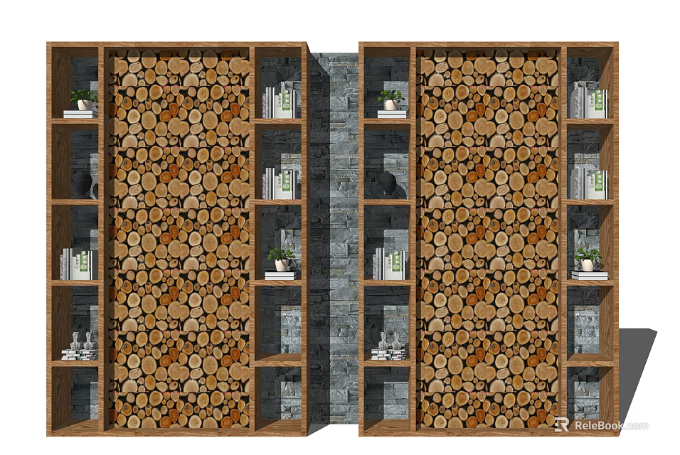 Wooden Bookcase With Wood Grain Design And Multi Layer Shelves Holding Books And Potted Plants 3d model 