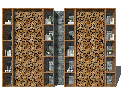 Wooden Bookcase With Wood Grain Design And Multi Layer Shelves Holding Books And Potted Plants 3d model