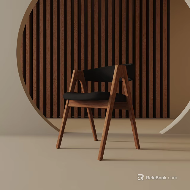 Modern Wooden Frame Chair With Black Cushion And Striped Wall Circular Decor 3d model 