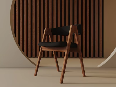 Modern Wooden Frame Chair With Black Cushion And Striped Wall Circular Decor 3d model