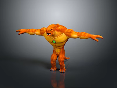 Muscular Orange Fantasy Character And Creature With Green Chest Gem Outstretched Arms And Tail 3d model