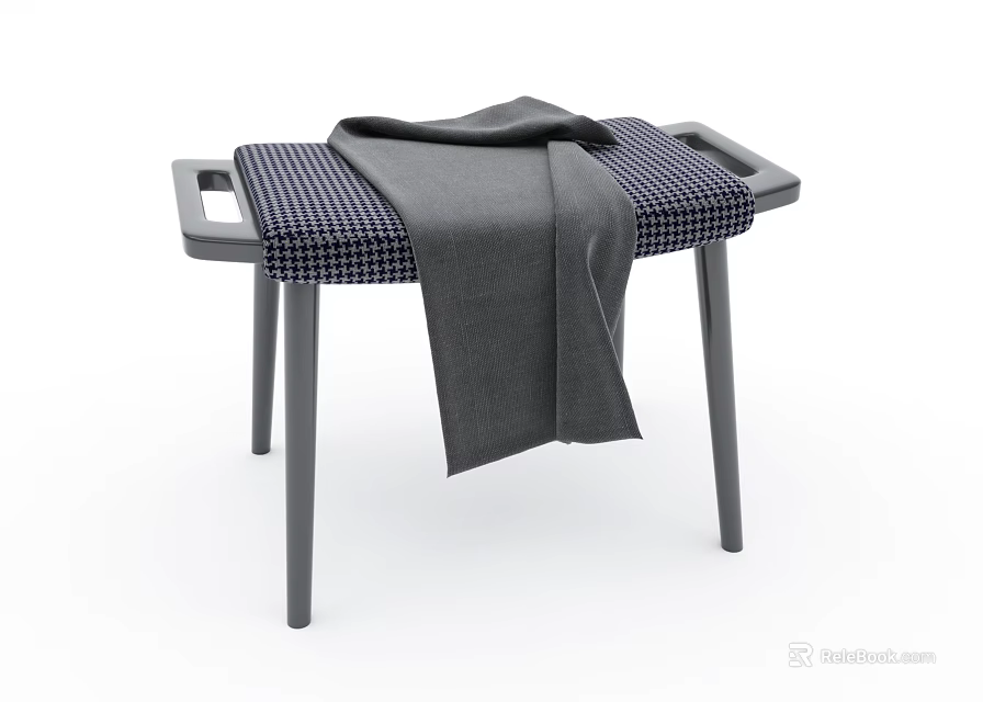 Stylish Sofa Bench With Blue And White Checkered Upholstery Gray Blanket And Metal Legs 3d model 