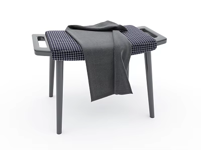 Stylish Sofa Bench With Blue And White Checkered Upholstery Gray Blanket And Metal Legs 3d model